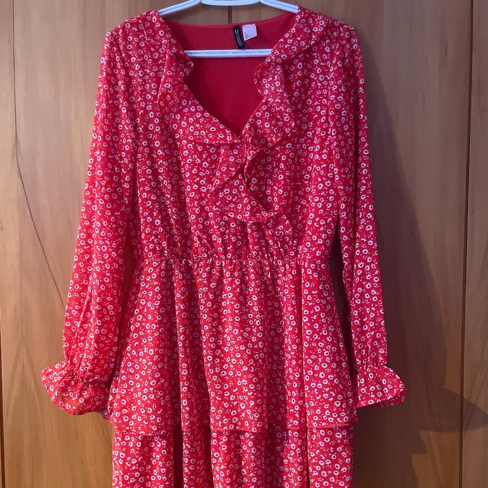 H&M Red Floral Frill Chiffon Dress S